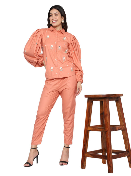 Peach Puff Sleeve Floral Embroidered Co-Ord Set – Effortlessly Chic and Playfully Feminine